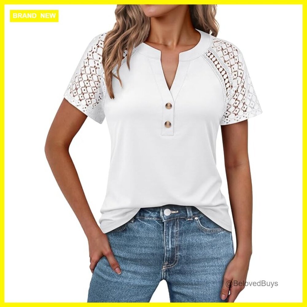 Short Sleeve Lace Blouse V Neck Henley Top Business Casual Regular Fit